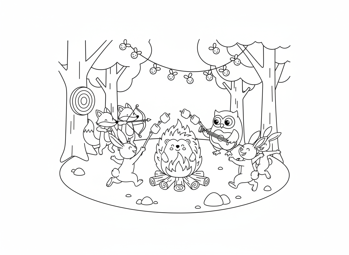 מדורת ל״ג בעומר של חיות היער - חיות יער מסביב למדורה, קיפוד צולה מרשמלו על הקוצים שלו, ינשוף מנגן בגיטרה, שועלים יורים בקשת, ארנבים רוקדים, וגחליליות כשרשרת אורות בין העצים