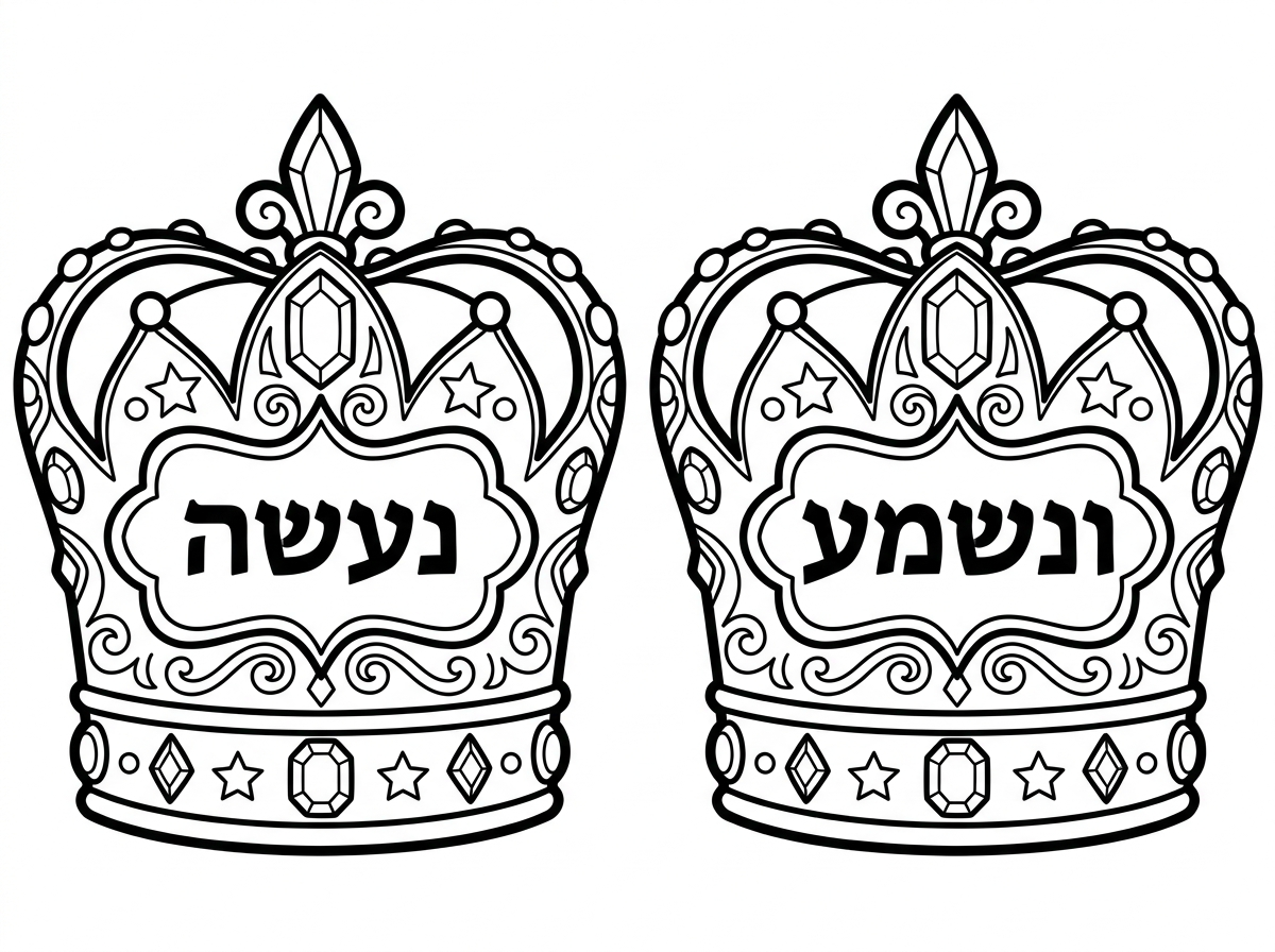 תכין לי בבקשה דף עם 2 כתרים גדולים שעל 1 כתוב נעשה ועל ה2 ונשמע