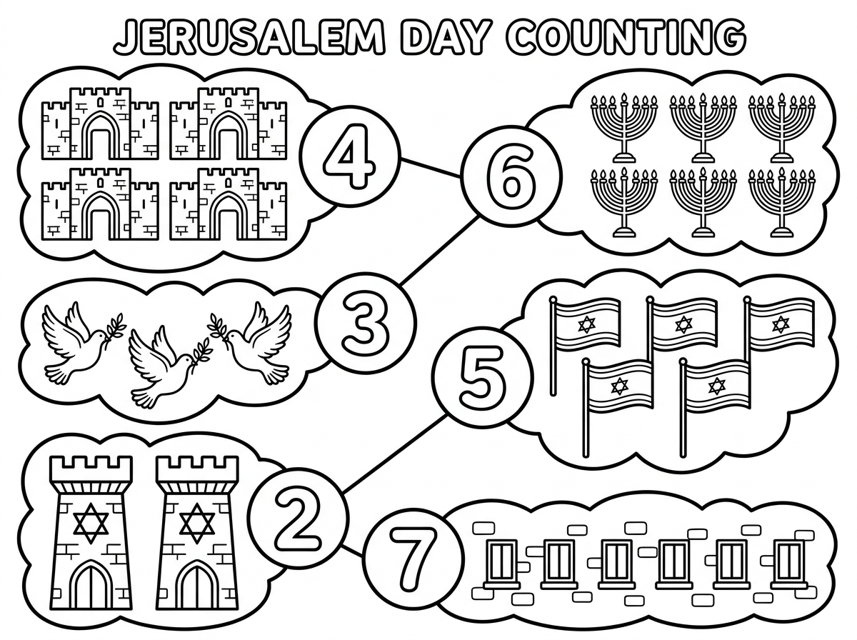 אשמח לדף עבודה ברמת של גן 4-5 שעובד על מנייה וכמות - מספרים 
בנושא יום ירושלים