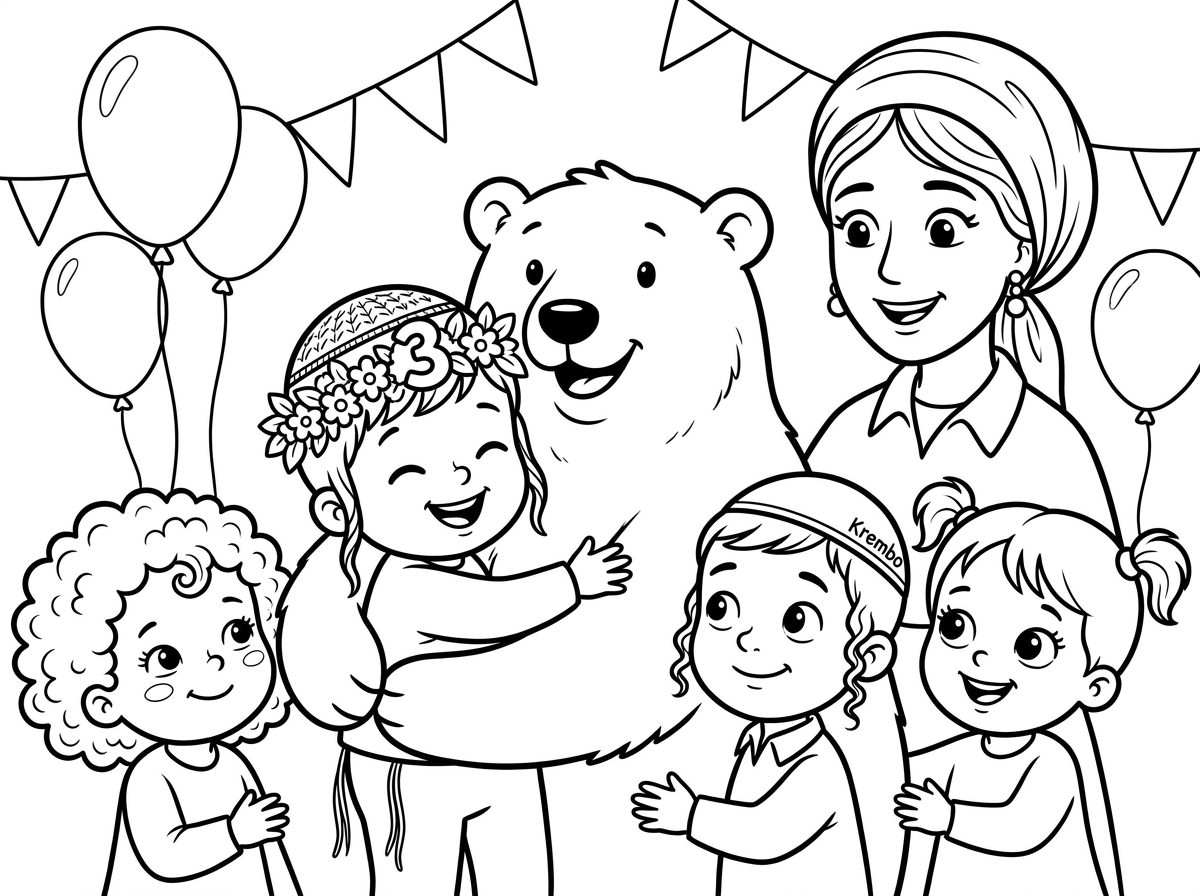 תודה רבה! מעלה תיאור מדויק יותר:

דף צביעה שחור לבן לפעוטות עם איור של קבוצת ילדים?

הנחיות כלליות:
- כולם מחוייכים ומתוקים
- לכולם יש עיני כפתורים חמודות.
- מעט קווים, שיהיה פשוט לצביעה.
- הילדים משחקים או מסתכלים למצלמה וצוחקים
- במרכז החבורה יש ילד (מתואר בסעיף 1) עם זר יום הולדת, זה יום הולדת 3 שלו.

בבקשה שיהיו בציור בין היתר:
1. ילד יום ההולדת - עם שיער בהיר קצר ובלורית קצרה(!) מקדימה, *חובש ברבוש / כיפה סרוגה בחוט עבה* (כמו שעולה בגוגל...). לילד יש פאות דקיקות (דקיקות!) מוכנסות מאחורי האוזן, דומה לפאות של הילד יואב פוגל הי"ד (שנרצח בפיגוע). בכללי הילד דומה לתמונה של יואב הי"ד.

2. את ילד יום ההולדת מחבק דב קוטב גדול ואוהב (בערך בגודל שלו).

3. מסביב עוד כמה חברים. ילדים בני אותו גיל (3), הנה התיאור של חלקם:

4. ילדה עם תלתלים, עיניים קטנות וחיוך ענק.
5. ילד עם כיפת קרמבו חרדית בלי איורים (תעשי גוגל), שיער קצוץ מאוד, ממש גלח, בלי בלורית, ופאות מסולסלות דקות.
6. ילדה עם קוקיות, שיער כהה, עור בהיר ועיניים כחולות (אל תצבעי את העיניים, הכול בשחור לבן).

7. גננת - אישה חרדית מטופחת ויפה עם מטפחת בקשירה שבה קצות המטפחת ארוכים ורואים אותם מעבר לכתף. עגילי פנינה. שיער שחור.

סביבה נקייה בעין עם כמה בלונים ושרשרת דגלונים, בלי הרבה פרטים ושיישאר נקי בעין.
