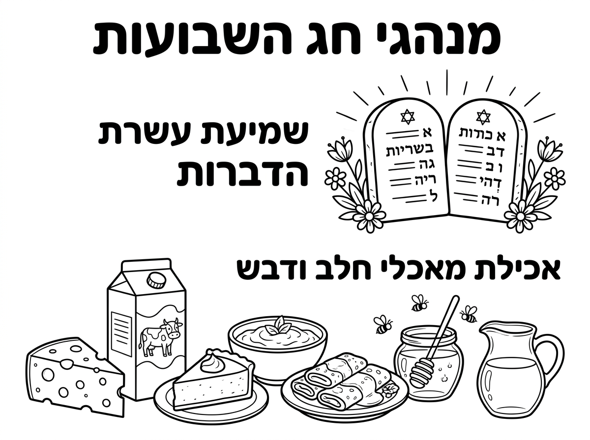 תכין לי דף צביעה למעלה באמצע הדף לכתוב מנהגי חג השבועות 
אחכ כיתוב שמיעת עשרת הדברות וציור של עשרת הדברות שיהיו מרובעות ולא עגולות 
אחכ כיתוב אכילת מאכלי חלב  ודבש 
וציור של מאכלי חלב וצנצנת דבש