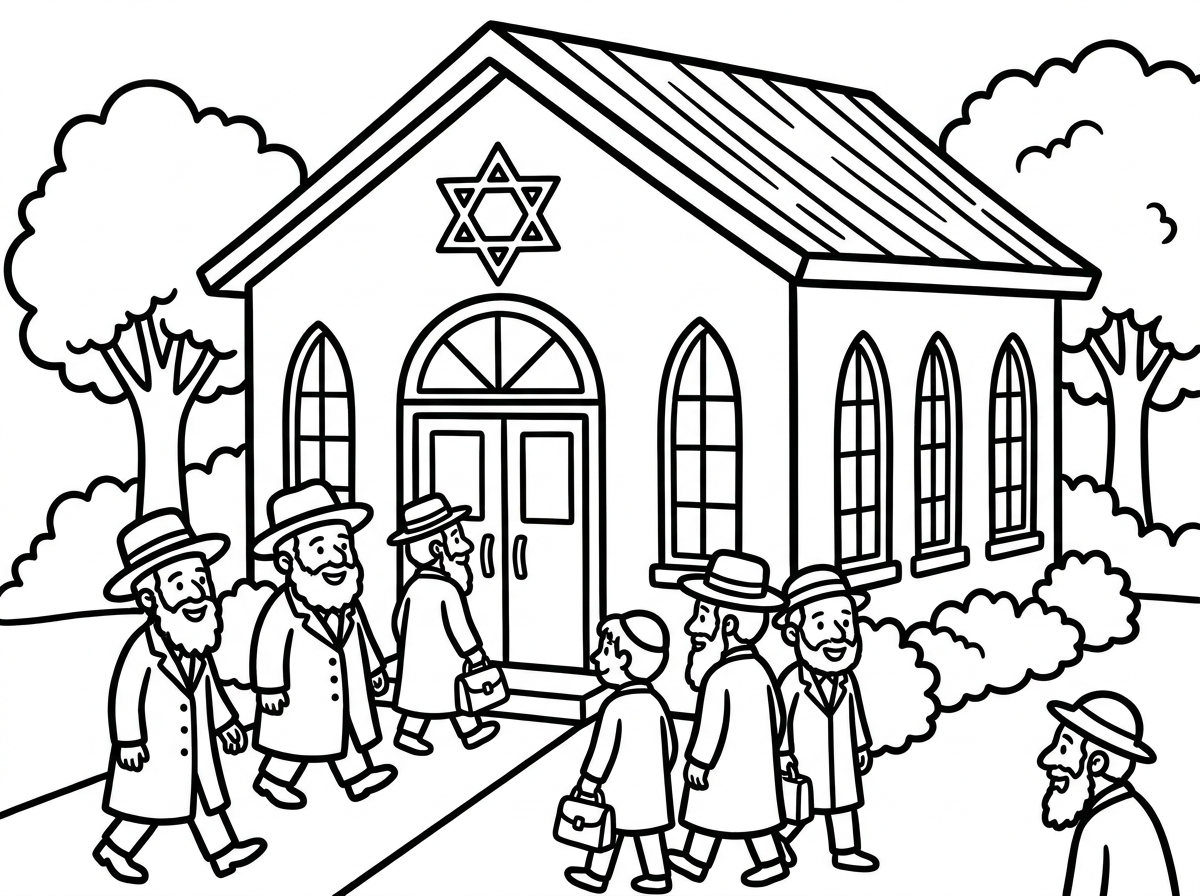 אני רוצה דף צביעה של בית כנסת ואנשים חסידיים רוצים להכנס לתוך הבית כנסת ומשלים בכדי להכנס