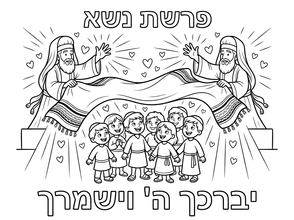דף צביעה 
שכתוב עליו "פרשת נשא"

הרעיון הכי נפוץ והכי יפה:
כהנים מברכים עם ידיים מורמות
ילדים עומדים מתחת לטלית
קרני אור או לבבות קטנים מסביב
כותרת אפשרית: "יברכך ה׳ וישמרך"