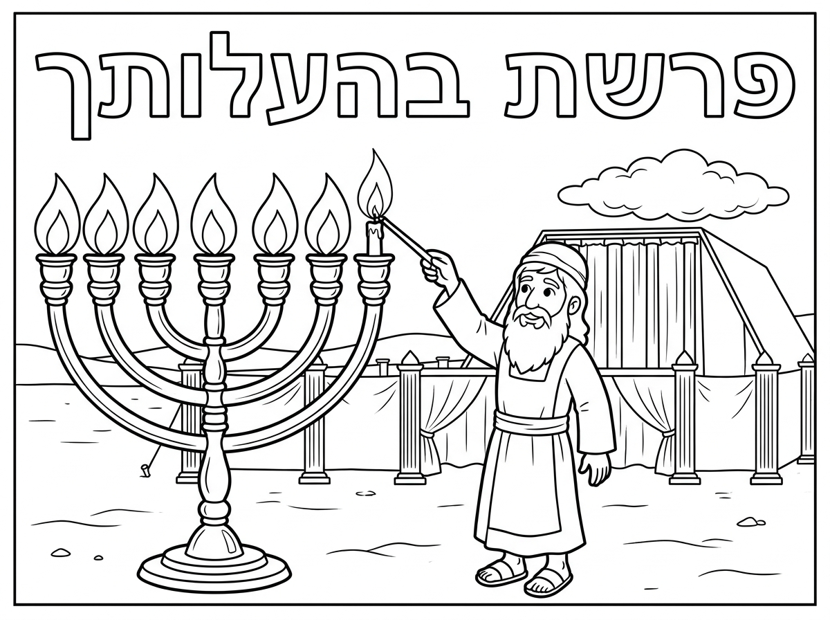 *פרשת בהעלותך*
אהרן הכהן מדליק את מנורת הזהב
להבות גדולות וברורות לצביעה
המשכן ברקע