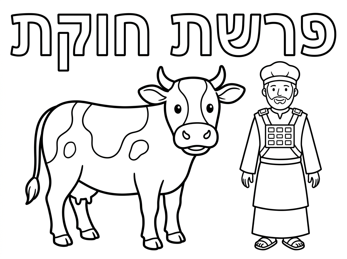 פרה אדומה עומדת במרכז (פשוטה וברורה לצביעה)
כהן עם בגדי כהונה עומד לידה (אפשר להדגיש את האפוד והכתונת בקווים פשוטים)

כןתרת: פרשת חוקת