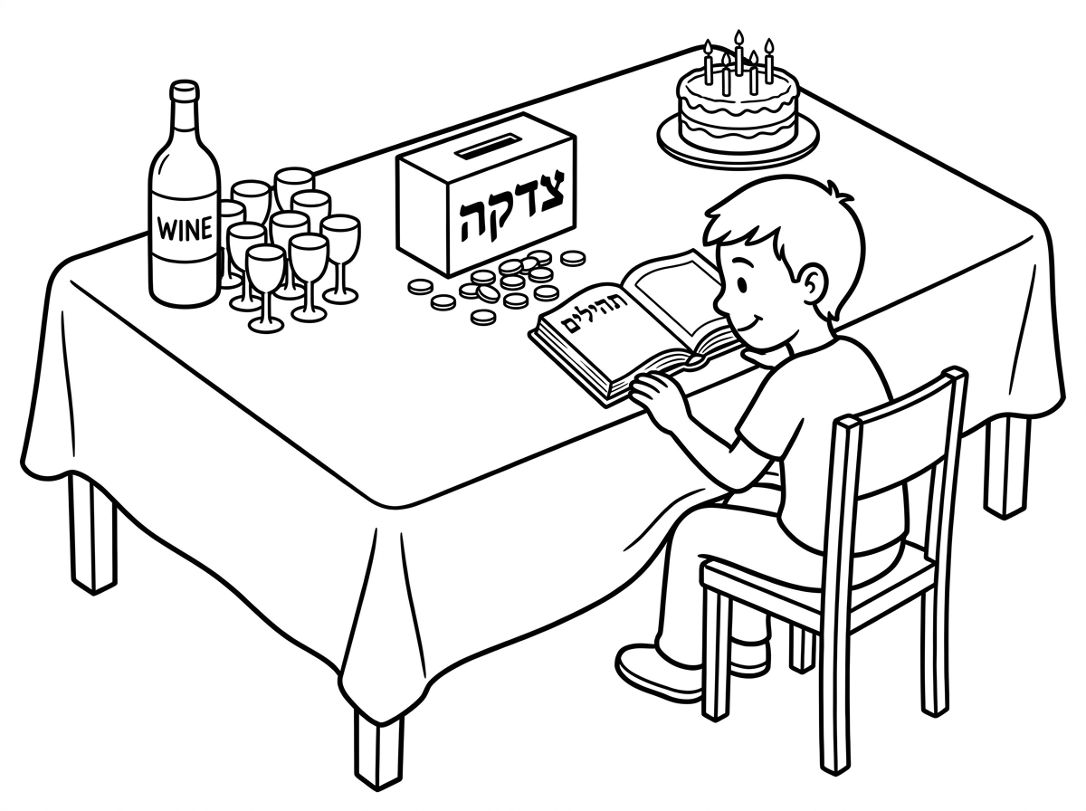 אני רוצה דף צביעה של שולחן יום הולדת. השולחן צריך להיות גדול במיוחד 
על השולחן צריך להיות בקבוק יין ומסביבו יש כוסיות, צריך להיות על השולחן קופת צדקה שכתוב עליה צדקה בעברית ולידה הרמה של מתבעות.
על השולחן צריך להיות גם ספר תהילים פתוח על השולחן רק על השולחן ועוגה קטנה בצד של השולחן.וילד יושב מול השולחן על כיסא ומסתכל בספר שעל ששוכב על השולחן