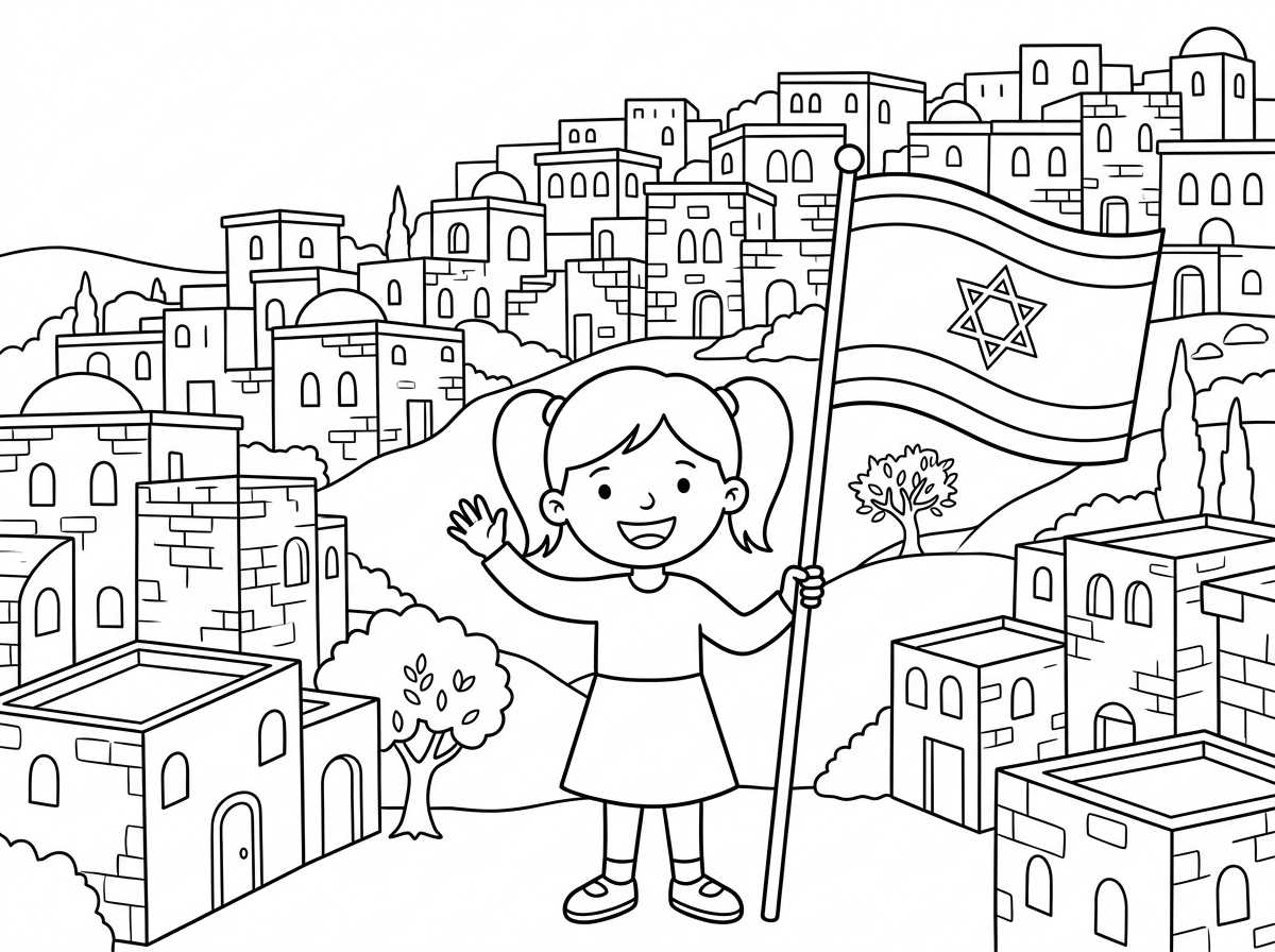 דף צביעה בתים של ירושלים וילדה עם דגל יישראל