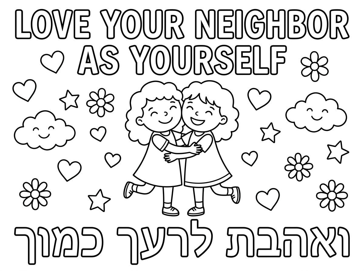 ציור של ילדות מתחבקות עם הכיתוב:  "ואהבת לרעך כמוך"