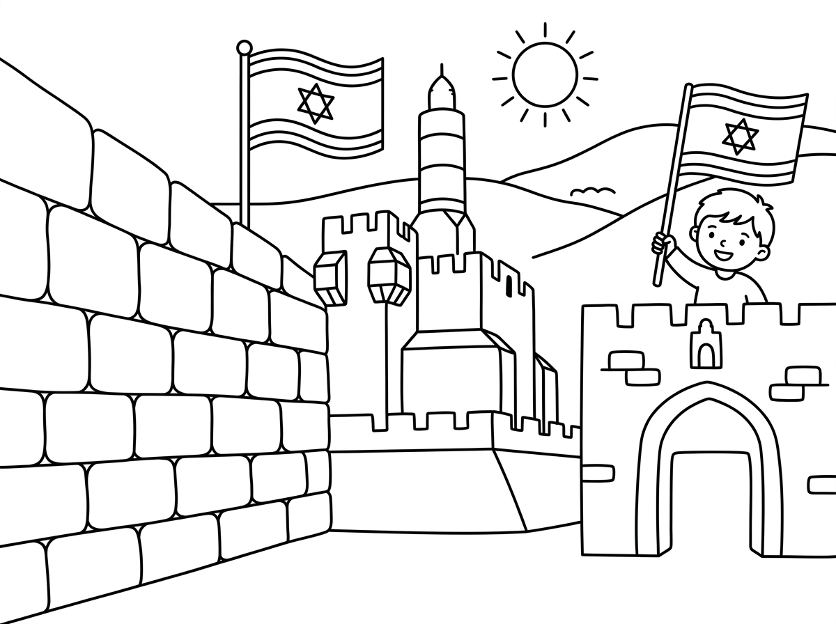 רוצה דף צביעה של יום ירושלים בלי הרבה אלמנטים, משהו לילדים צעירים 
בלי אלמנטים של אסלם/ נצרות 
חומה ומגדל דוד או אחרת רוח 
שער אולי
