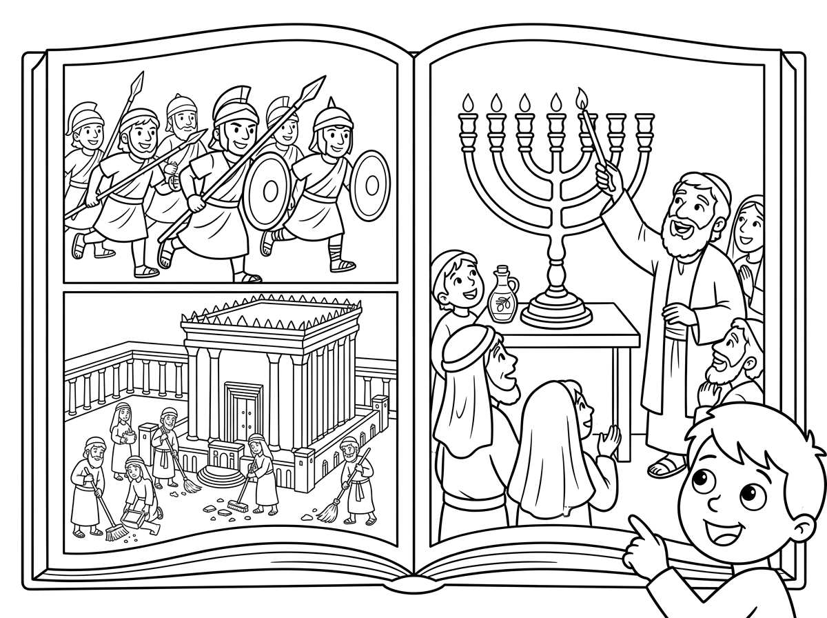 ספר סיפור חנוכה מאויר - ספר סיפור פתוח מראה את סיפור חנוכה עם איורים: מכבים נלחמים, בית המקדש מנוקה, נס השמן, הדלקת מנורה, דפים עם תמונות צבעוניות, ילד קורא