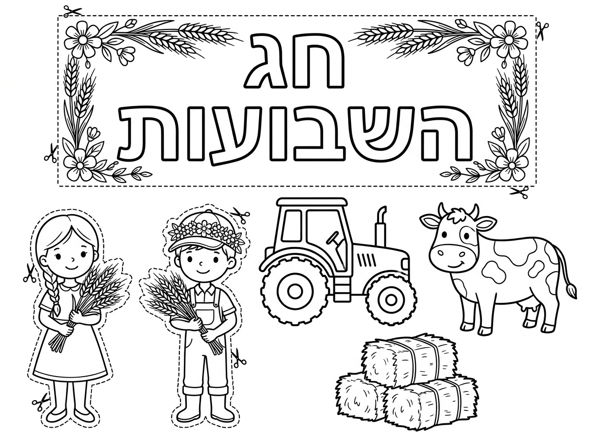 מבקשת שגם את הכותרת תכתוב בשתי שורות:" חג
השבועות" מקושט עם שיבולים מסביב ופרחים.ומסביב לזה תתחום בקוו מקווקו עם מספריים בצד