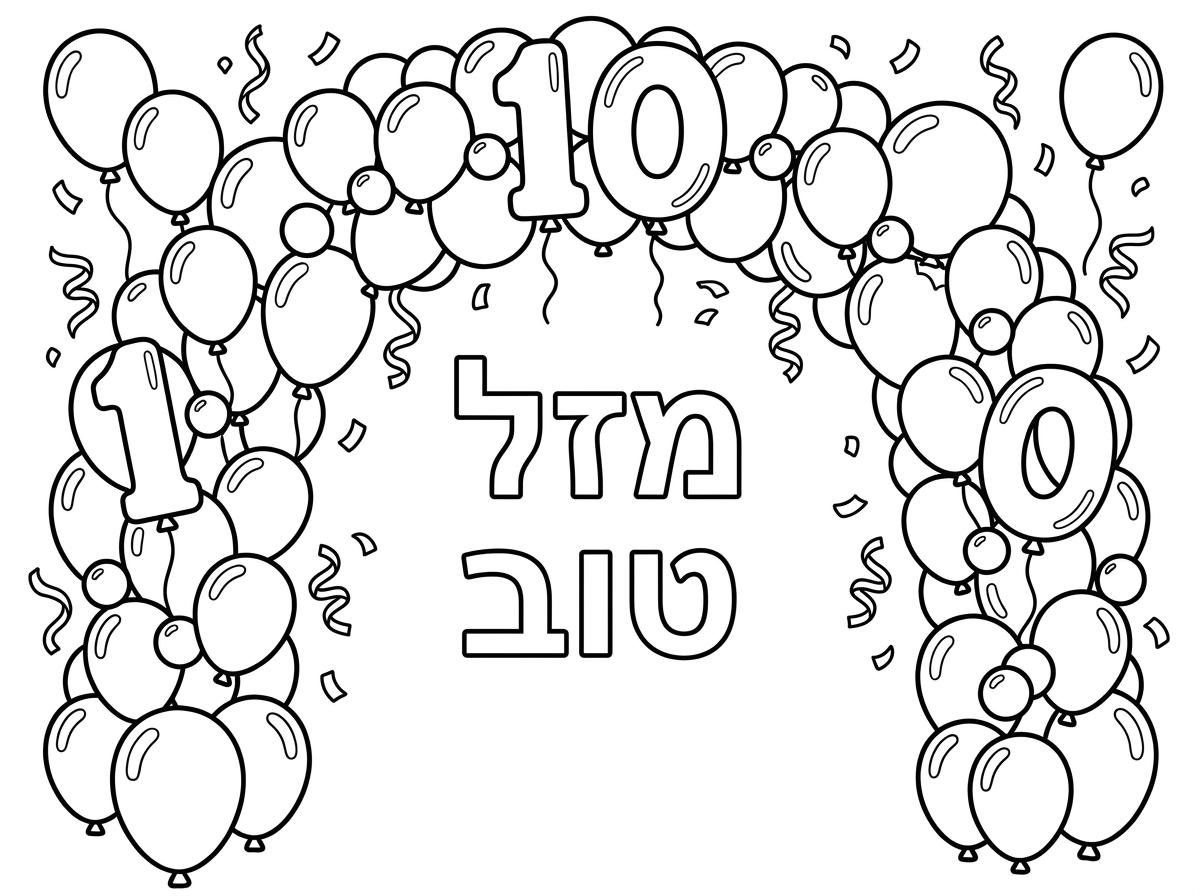 אני רוצה דף צביעה של שער בלונים ליום הולדת, גם בלונים של המספר 10, וגם לכתוב מזל טוב