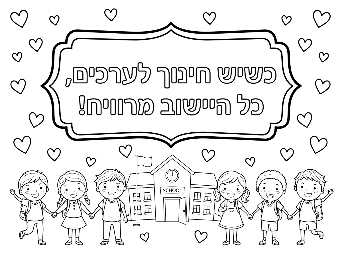 עוד שלט:
כשיש חינוך לערכים, כל היישוב מרוויח!
ציור קליל של בית ספר, ילדים ולבבות קטנים