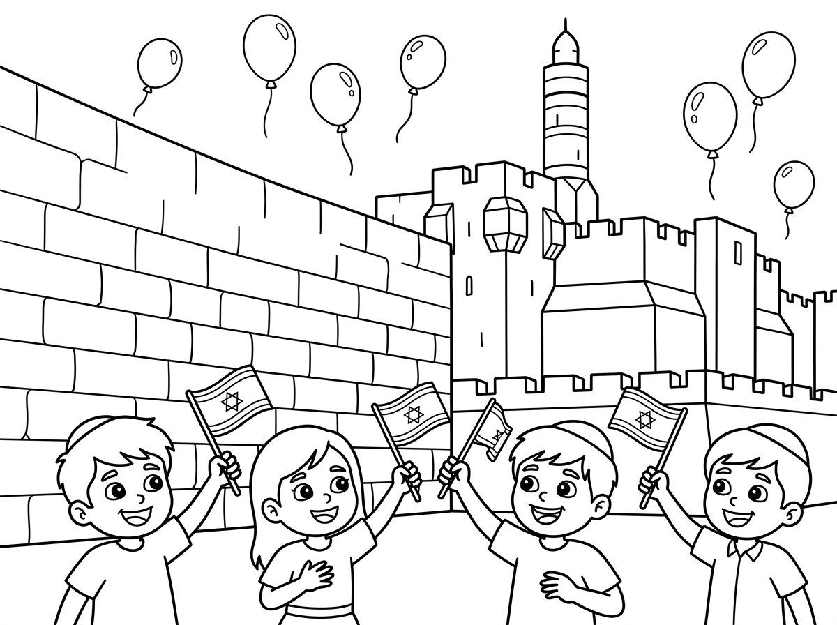 צור לי ציור לילדים ליום ירושלים עם הכותל ומגדל דוד