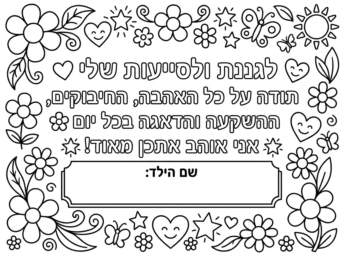 צור לי דף יצירה המוקיר תודה לגננת ולסייעות מהילד


לגננת ולסייעות שלי 💖
תודה על כל האהבה,
החיבוקים,
ההשקעה
והדאגה בכל יום 🌸
אני אוהב אתכן מאוד! ✨

שם הילד: