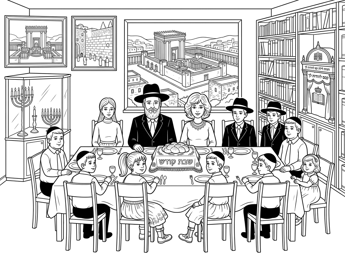 שוב אני שולח את כל התיאור הפעם גם חסר ילד
משפחת כהן 
אבא עם כובע וחליפה ועניבה
אמא עם פאה לבושה בשמלה חגיגית
בחורה כבת 17 בלבוש חגיג עם חצאית
בחור כבן 14 עם כובע וחליפה
בחור כבן 13 עם כובע וחליפה
ילדה כבת 12 עם סדים ברגליים עם קוקו וחצאית בלבוש חגיגי ושמנמנה
ילד כבן 10 שמנמנן במכנס שחור וחולצה לבנה ועניבה
ילד כבן 8 לובש מכנס שחור וחולצה לבנה ועניבה 
ילד כבן 7 לובש מכנס שחור וחולצה לבנה
ילדה כבת 4.5 לבושה חגיגי עם שמלה ושמנמנה
יושבים בשולחן ערוך לסעודה שבת קודש
במרכז השולחן כסוי רקום לחלות עם כיתוב שבת קודש
בצד השני נראה ספריה ספרים ארוכה וגדולה מלאה ספרים
בסוף הספרייה יש ארון קודש קטן כמו של ס.ת ועל הפרוכת כתוב
חצות לילה קם להודות לך
מהחלון נראה נוף ביתי העיר ירושלים 
ומהדלת לחצר נראה חצר טיפוסית קטנה וחמודה.
על עוד קיר בבית יש שני תמונות גדולות
אחד של בית המקדש בתפארתו
ואחד של הכותל המערבי.
ובצד וטרינר נרות עם 7 נרות דולקים, קנדבלה עם 5 קנים ושני פמותות.