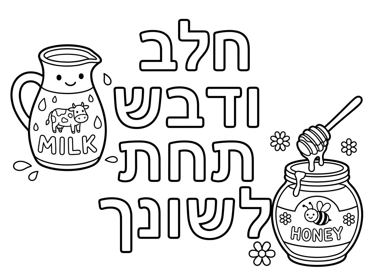 דף צביעה
אותיות חלולות שכתוב:

חלב ודבש תחת לשונך
עם כד חלב וצנצנת דבש