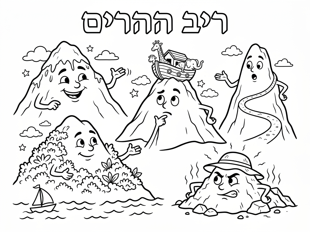 תוכל לעשות לי דף צביעה של ריב ההרים- הר החרמון המושלג, הר הכרמל עם ים וצמחיה, הר אררט עם התיבה, הר תבור גבוה, והר סיני קטן צחיח וחם, עם כותרת "ריב ההרים"