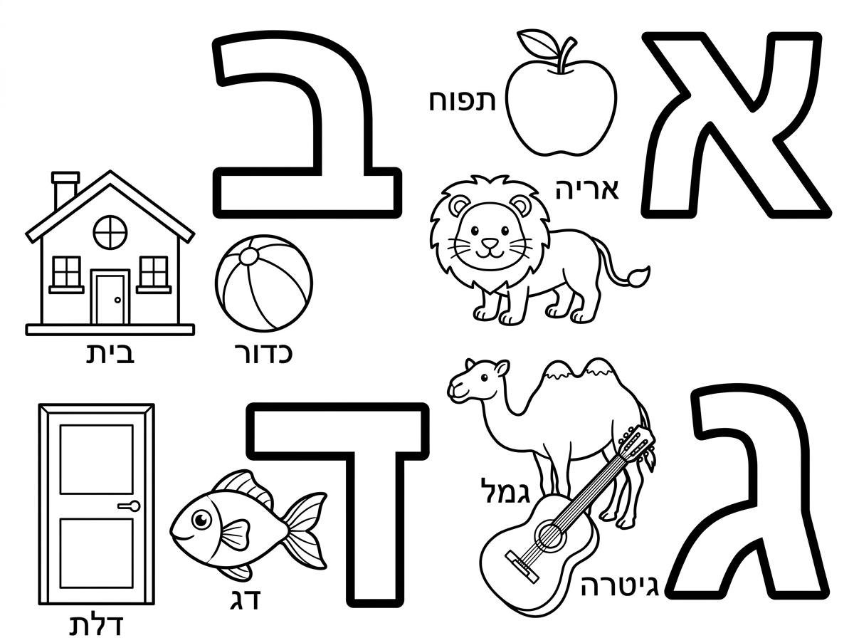 רוצה דף עבודה של אותיות בעברית שבכל אות יש תמונות שמתחילות באותה אות