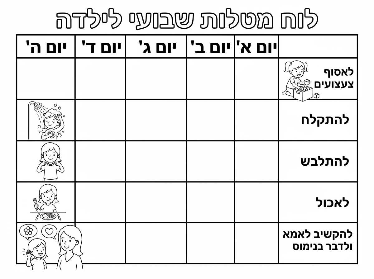 תעשה לי לוח נקודות לפי ימות השבוע א-ה 
ומשימות וליד כל משימה ציור של ילדה 
אוספת משחקים 
מתקלחת 
מתלבשת 
אוכלת 
מקשיבה לאמא ומדברת בשפה נעימה