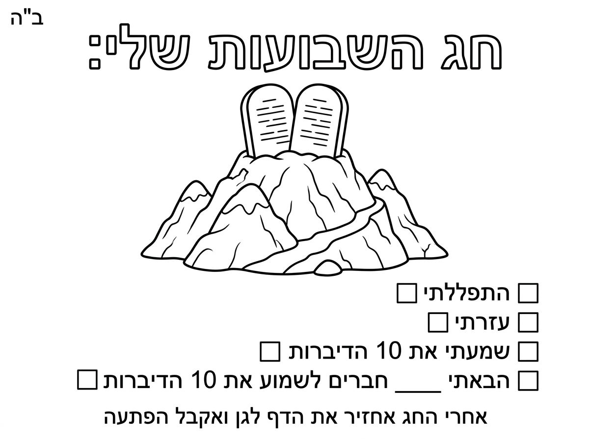 אני צריכה שתיצור לי דף משימות עם ציור של הר סיני ולוחות הברית מרובעות, שיהיה כתוב בו:
ב"ה
חג השבועות שלי:
ליד כל אחת מהמשימות להשאיר מקום לסימון:
התפללתי
עזרתי 
שמעתי את 10 הדיברות
הבאתי _____ חברים לשמוע את 10 הדיברות
אחרי החג אחזיר את הדף לגן ואקבל הפתעה
