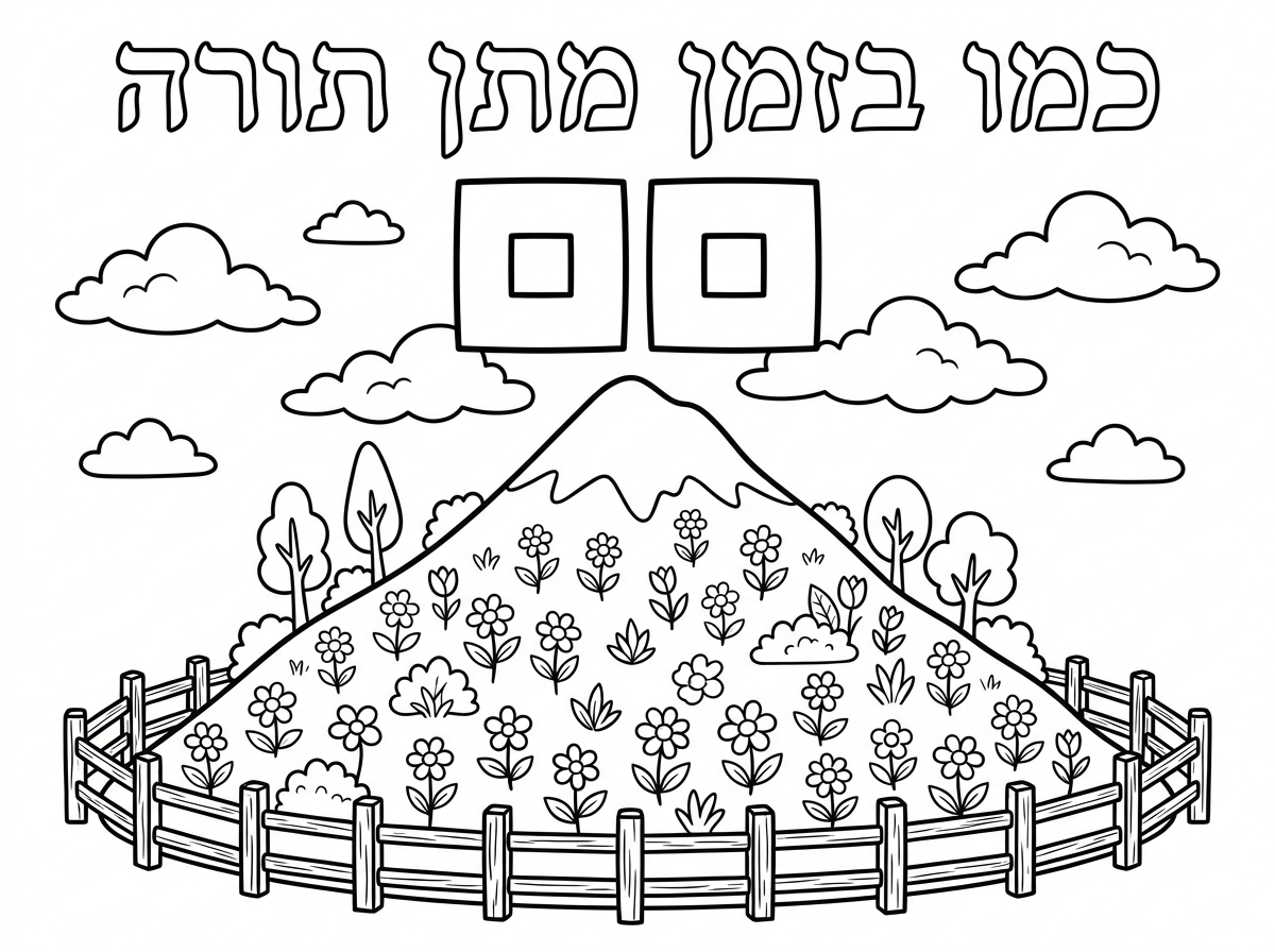 כותרת עם אותיות חלולות:

כמו בזמן מתן תורה
מתחת הר עם גדר מסביב
ההר מקושט בפרחים
מעל ההר עננים
מעל העננים
שני ריבועים אחד ליד השני