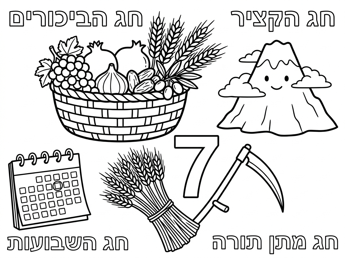 צהריים טובים,
צור בבקשה דף צביעה עם הציורים הבאים;
סל פירות שבעת המינים, הר סיני, אגודת שיבולים ומגל, לוח שנה, המספר 7.
בפינה הימנית העליונה כתוב חג הקציר בפינה השמאלית העליונה כתוב חג הביכורים, בפינה הימנית התחתונה כתוב חג מתן תורה, בפינה השמאלית התחתונה כתוב חג השבועות.