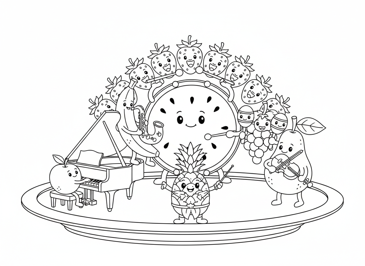 תזמורת פירות מוזיקלית - אבטיח כתוף, בננה מנגנת סקסופון, ענבים כמרקסים, אננס מנצח עם שרביט, מקהלת תותים שרה, תפוח מנגן פסנתר, אגס עם כינור, כולם על במה מצלחת ענקית