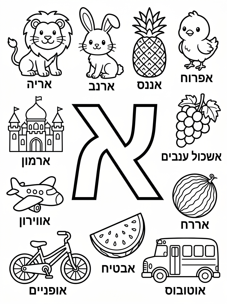 צור לי דף לאורך שבמרכז שלו יש את האות א בגדול וחלולה ומסביבה 10 פריטים שמתחילים באות א