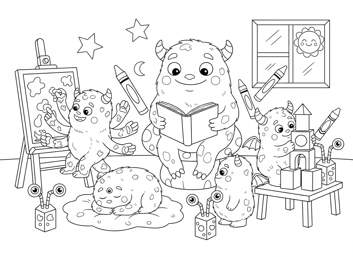 גן ילדים למפלצונים - מפלצונים חמודים מציירים באצבעות עם שש ידיים, מפלצון ישן עם שלוש עיניים עצומות, מורה מפלצת קוראת סיפור, מגדל קוביות של מפלצון עם קרניים, וקופסאות מיץ עם קשיות גלגל עין