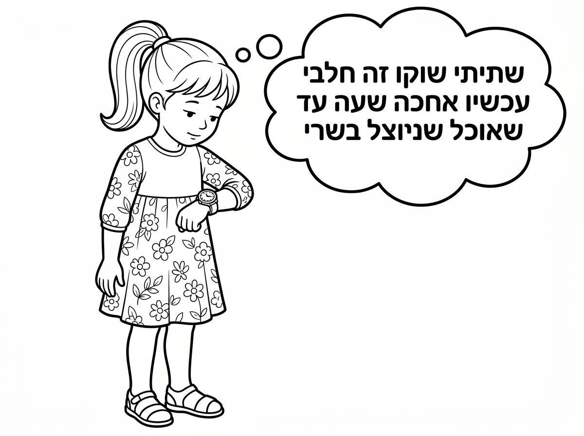 ילדה עם קוקו
שמלה פרחונית שמכסה את הברך והמרפק
עם גרביונים וסנדלים

מסתכלת על השעון שביד שלה
בענן מחשבות
ומנסה לחשב

כתוב
שתיתי שוקו זה חלבי 
עכשיו אחכה שעה עד שאוכל שניצל בשרי