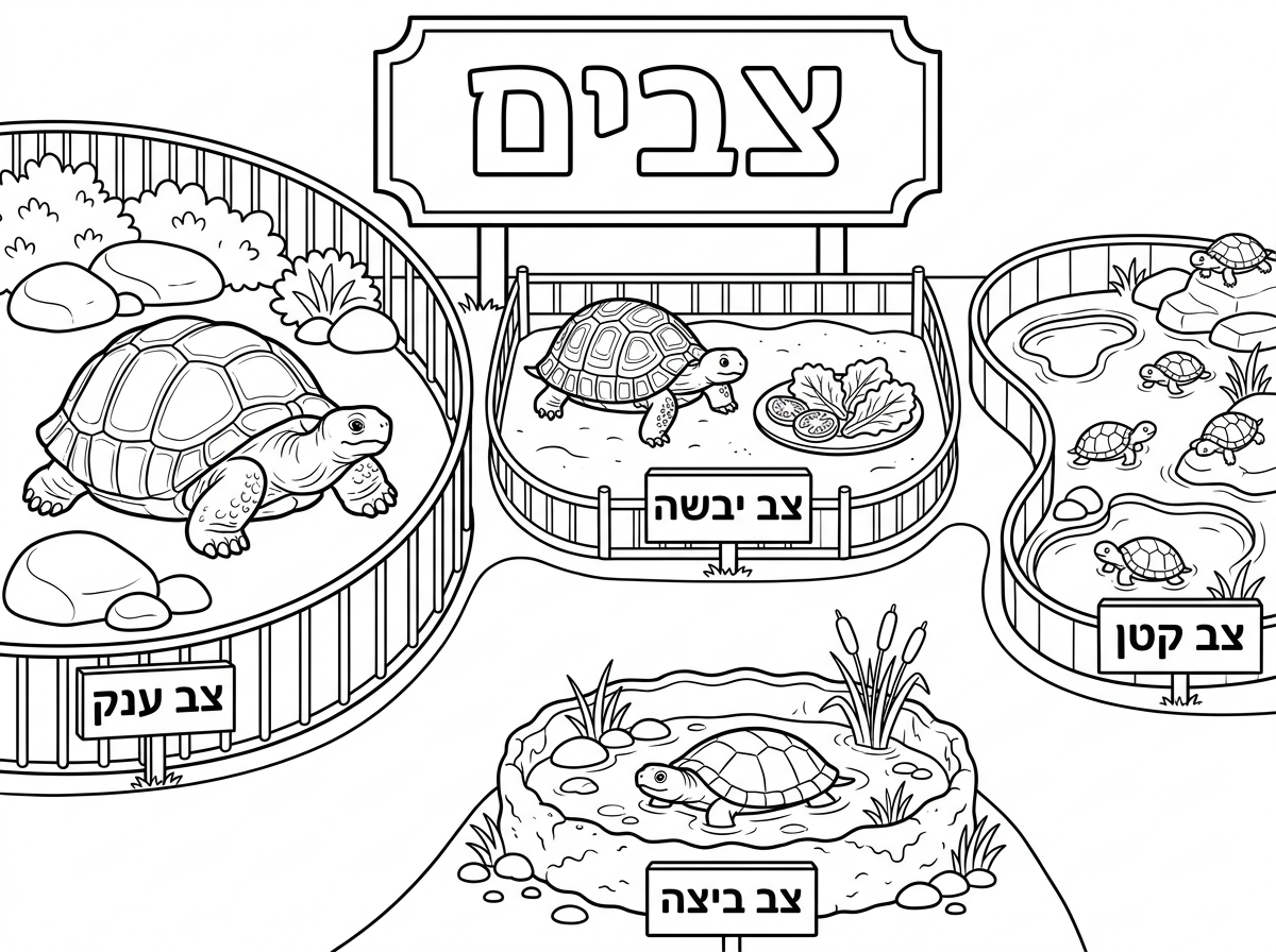 אני רוצה דף צביעה של גן חיות בהמשכים כול פעם יש חלק אחר של גן חיות היום אני רוצה את החלק עם הזוחלים.
בציור אמור להיות את הכלוב של החיה הבאה:
מחלקת הצבעים שמאל אמור להיות כלוב גדול מאוד של צב ענק בכלוב צריך להיות אבנים גדולות, באמצע צריך להיות כלוב בינוני של צב רגיל בכלוב צריך להיות חול וצלחת עם חסה ועגבניות. בצד ימין יש כלוב של צב קטן בכלוב יש מכלות בעמצה למטה יש כלוב קטן של צב ביצות בכלוב יש מים/בוץ וסלעים קטנים. למעלה יש שלט גדול של צבעים וליד כול אחד יש שלט