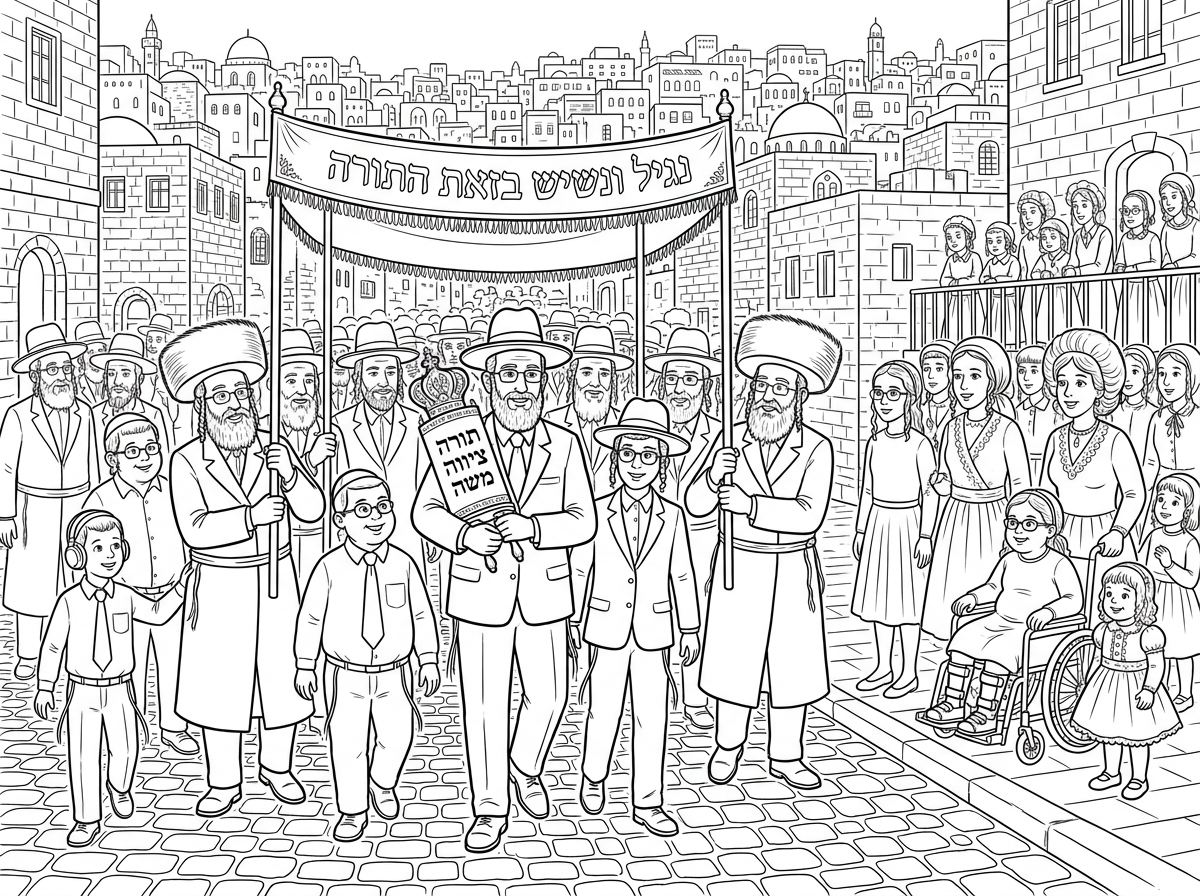 משפחת כהן
משתתפים בהכנסת ספר תורה ברוחבה של העיר ירושלים נראה נוף בתי ירושלים
עם עשרות משתתפים גברים חרדים חסידיים עם שטריימל בחלקם
במרכז הכביש חופת ספר תורה שכתוב עליו נגיל ונשיש בזאת התורה
עם משתתפים רבים חלקם עם זקנים חלקם עם כובעים חלקם עם שטריימל 
ובניהם בני משפחת כהן בולטים
אבא עם כובע וחליפה ועניבה ומשקפים מחזיק בידו ספר תורה קטן אשכנזי שכתוב עליו תורה ציווה לנו משה עם כתר על הספר
בחור כבן 14 עם כובע וחליפה ומשקפים ליד האבא
בחור כבן 13  קצת שמנמן עם חולצה לבנה ומשקפים
לידו מבוגר חסיד עם שטריימל
ילד כבן 10 וקצת שמנמנן במכנס שחור וחולצה לבנה ועניבה ומשקפים 
ילד כבן 8 לובש מכנס שחור וחולצה לבנה ועניבה 
ילד כבן 7 לובש מכנס שחור וחולצה לבנה עם אוזניות
ילדה כבת 4.5 לבושה חגיגי עם שמלה ושמנמנה
במדרכה עזרת נשים כולם חרדיות
ובניהם בנות משפחת כהן בולטות
אמא עם פאה לבושה בשמלה חגיגית
בחורה כבת 17 בלבוש חגיג עם חצאית ומשקפים
ילדה כבת 12 בכיסא גלגלים וסדים ברגליים עם קוקו וחצאית בלבוש חגיגי ומשקפים וקצת שמנמנה
ילדה כבת 4.5 לבושה חגיגי עם שמלה ושמנמנה