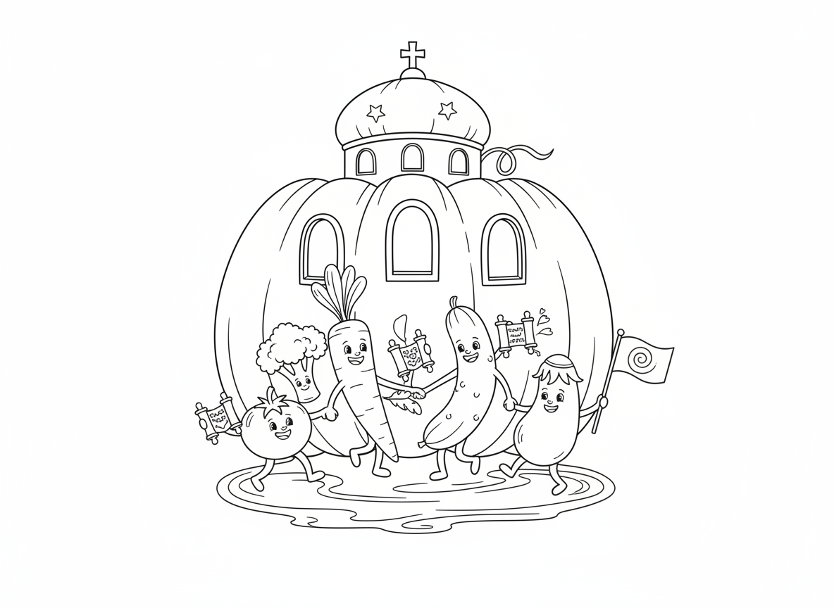 שמחת תורה של ירקות רוקדים - ירקות רוקדים עם ספרי תורה זעירים, גזר ומלפפון בריקוד מעגל, עגבנייה נושאת דגל, חציל עם כיפה, כולם רוקדים בשמחה בבית כנסת עשוי מדלעת