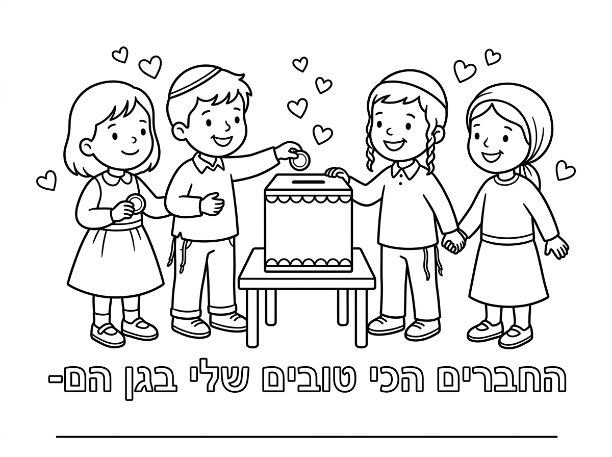 תכין לי בבקשה 
דף צביעה לילדי גן
תמונה של ילדים דתיים מחייכים ושמחים שנותנים צדקה
לבבות לצביעה קטנים מסביב
ולמטה לכתוב - החברים הכי טובים שלי בגן הם- 
ליד הכיתוב להוסיף שורה ריקה
