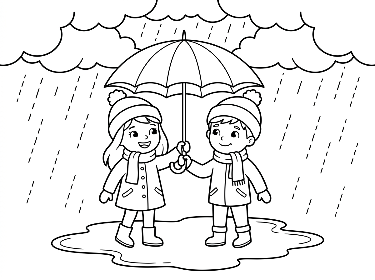 אני צריכה דף צביעה  לעונת החורף.
ילדה וילד עם כובע וצעיף מחזיקים מטריה
 עננים וגשם בשמיים
ושלולית על הארץ