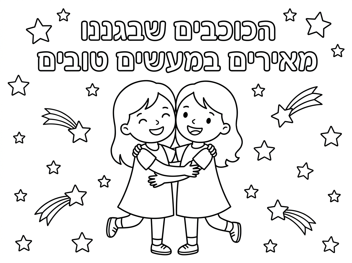 אשמח לדף צביעה של בת ובת מתחבקים ומסביבים כוכבים ולרשום הכוכבים שבגננו מאירים במעשים טובים