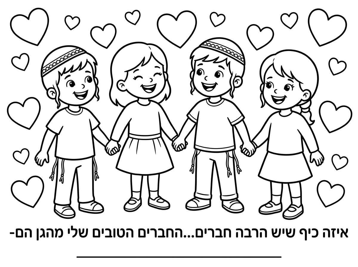תכין לי בבקשה דף צביעה לילדי גן-
2 ילדים בנים עם כיפה וציצית
2 ילדות עם חצאית או שמלה - ולא כיפה!! 
ילדים מחייכים ושמחים ומסביבם הרבה לבבות

למטה כיתוב- איזה כיף שיש הרבה חברים...החברים הטובים שלי מהגן הם- ולעשות שורה ריקה