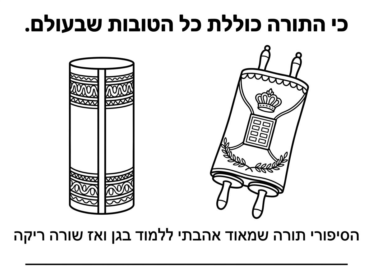 ועכשיו תכין לי בבקשה דף צביעה לילדי גן עם ציור של  ספר תורה ספרדי וספר תורה אשכנזי- סגורים.
למה כיתוב- כי התורה כוללת כל הטובות שבעולם.

למטה, מתחת הספרי תורה כיתוב של- הסיפורי תורה שמאוד אהבתי ללמוד בגן ואז שורה ריקה