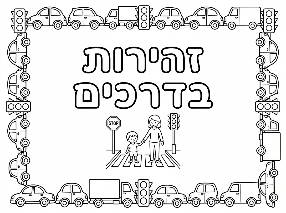 תיצור לי בבקשה דף צביעה
עם הכיתוב זהירות בדרכים עם מסגרת של ציורים של מכוניות ורמזורים