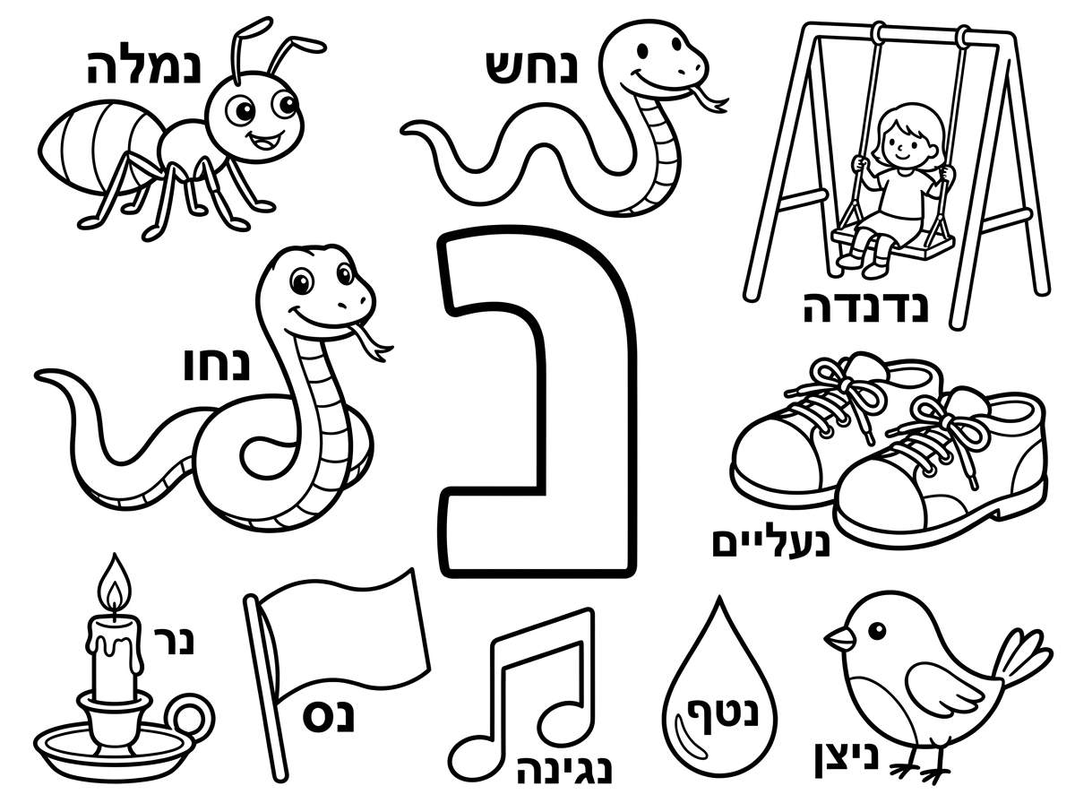 תכין לי דף צביעה שבאמצע האות נ 
ומסביבה דברים שמתחילים באות נ 
נמלה
נחש
נדנדה
נעליים
ועוד מילים ב נ'