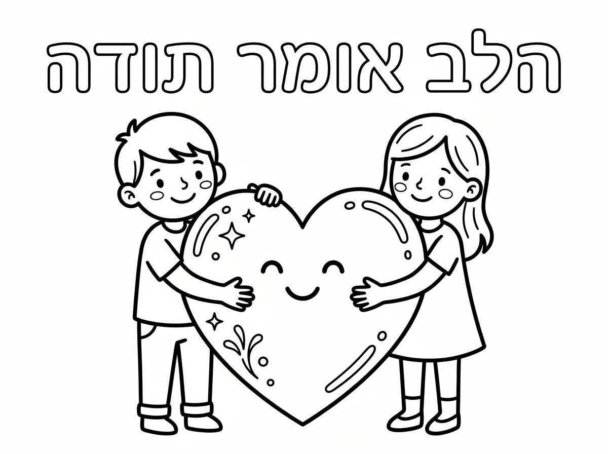 אני רוצה דף שכתוב בו הלב אומר תודה וילד וילדנ מחבקים לב