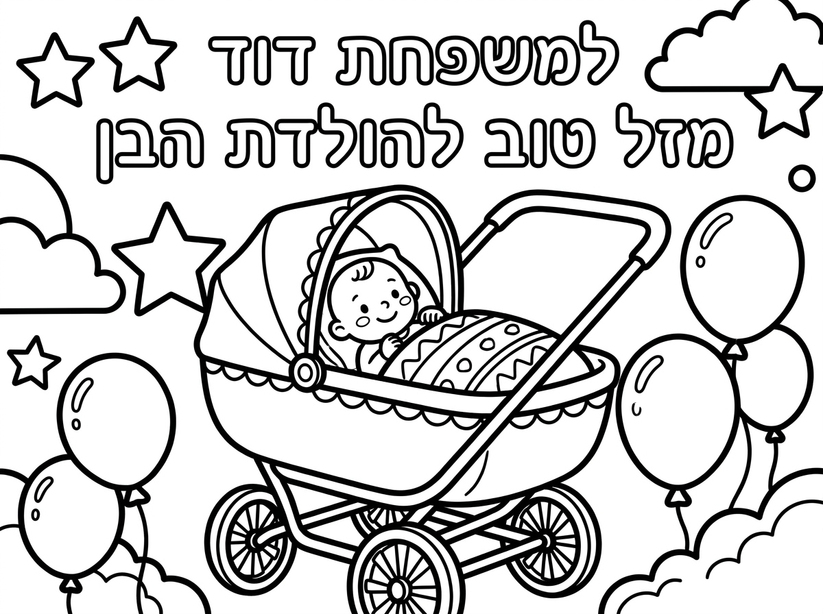 שלום תוכל לבבקשה להכין לי דף צביעה 
עם כיתוב
 למשפחת דוד 
מזל טוב להולדת הבן 
ותמונה של תינוק רך שנולד בעגלה
