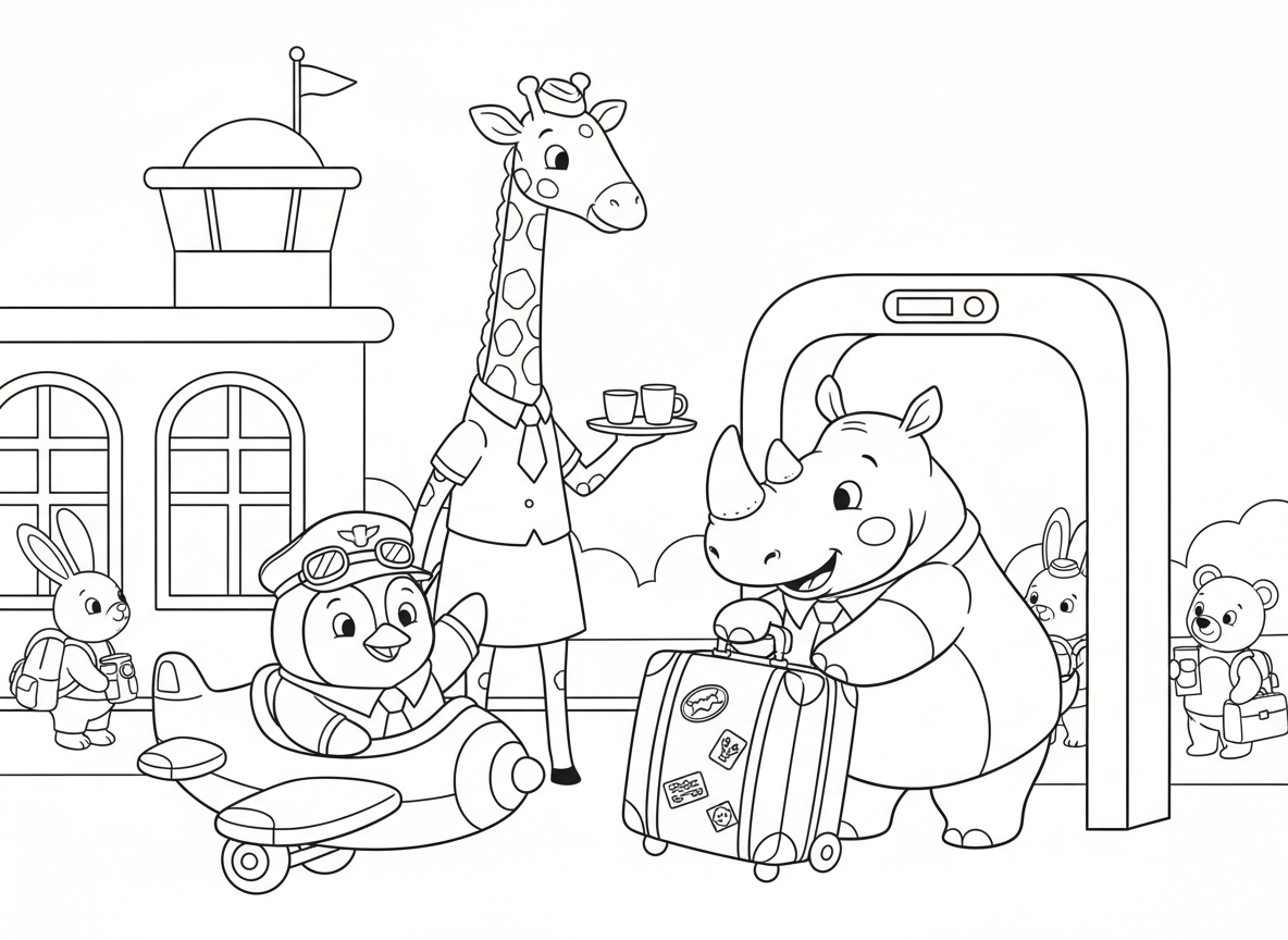 שדה תעופה של חיות
פינגווין טייס, ג’ירפה דיילת, וקרנף עם מזוודה ענקית שמנסה לעבור בשער.