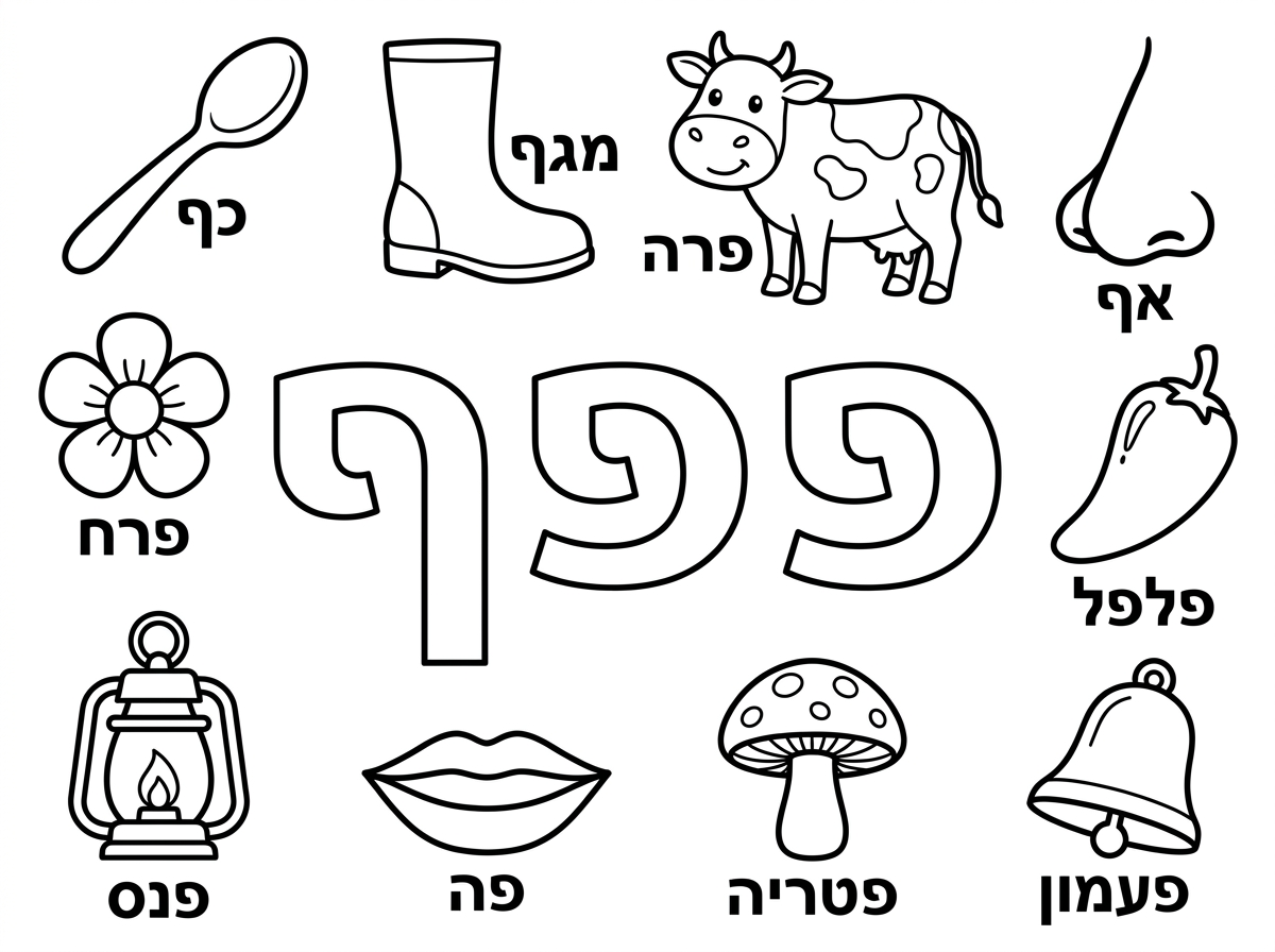 ערב טוב,
צור בבקשה דף צביעה.
במרכז כתוב את האותיות פ פ ף חלולות מסביב צייר את המילים הבאות:
כף, מגף, פרה, אף, פרח, פלפל, פנס, פה, פטריה, פעמון