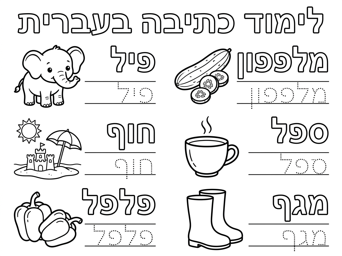 צור בבקשה דף אימון כתיבה על המילים הבאות:
פיל, חוף, פלפל, מלפפון, ספל, מגף