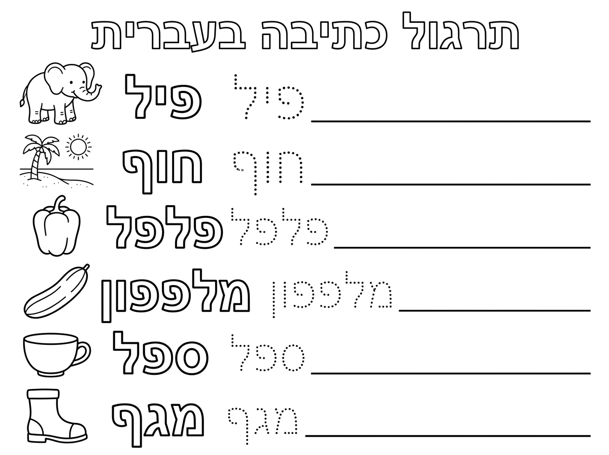 צור בבקשה דף אימון כתיבה על המילים הבאות:
פיל, חוף, פלפל, מלפפון, ספל, מגף
השאר מספיק מקום כדי לכתוב כל מילה מספר פעמים.