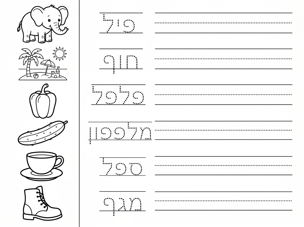 בוקר טוב,
צור בבקשה דף אימון כתיבה על המילים הבאות:
פיל, חוף, פלפל, מלפפון, ספל, מגף
סדר את המילים בצד הימני של הדף,
השאר מספיק מקום כדי לכתוב כל מילה מספר פעמים.
הוסף ציור מתאים בצד שמאל של הדף.