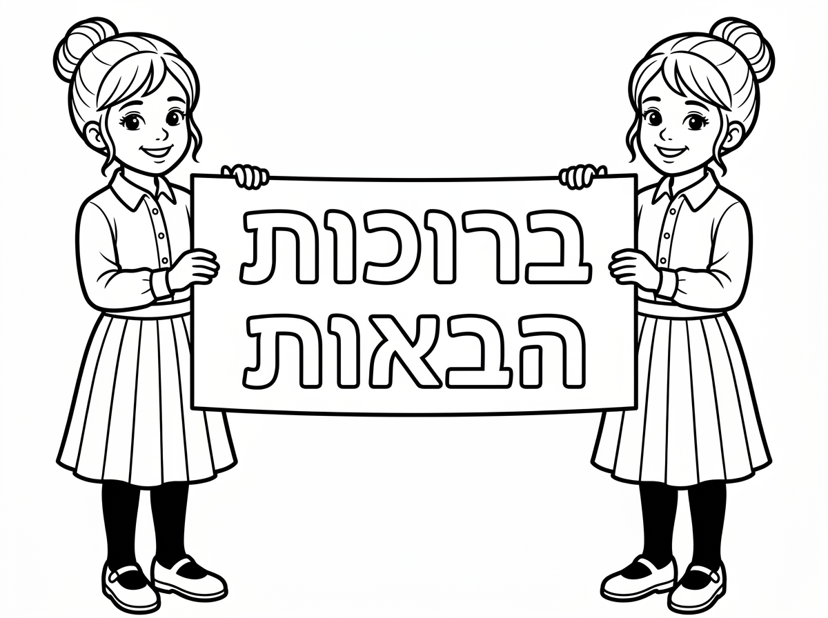 עכשיו שתי ילדות עם תסרוקת אסופה
חולצה מכופתרת שמכסה את המרפק
וחצאית כפלים שמכסה את הברכיים

גרביונים ונעלי בובה

מחזיקות שלט

ברוכות הבאות