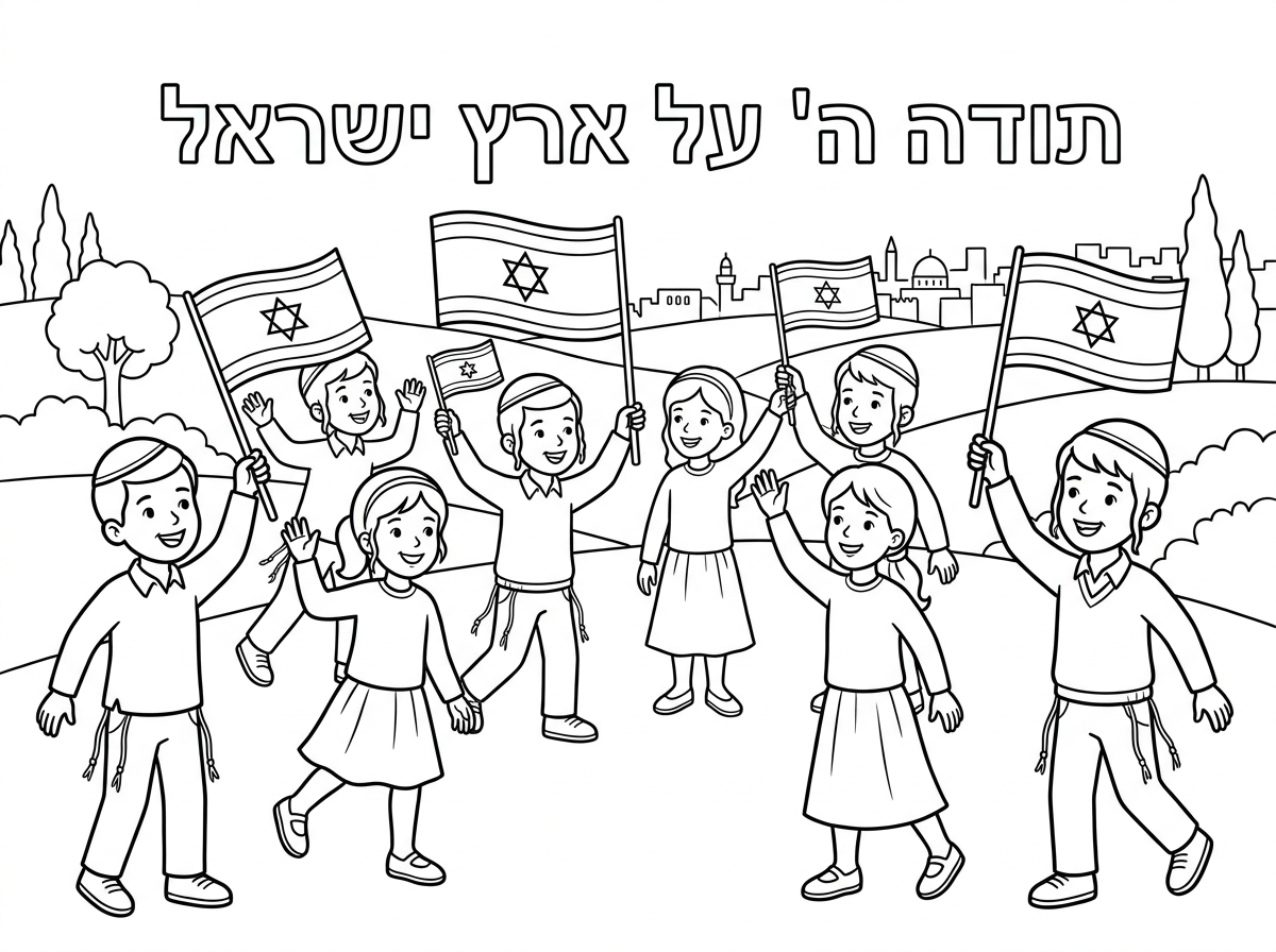 דף צביעה שכתוב תודה ה' על ארץ ישראל וילדים דתים מנופפים בדגלים